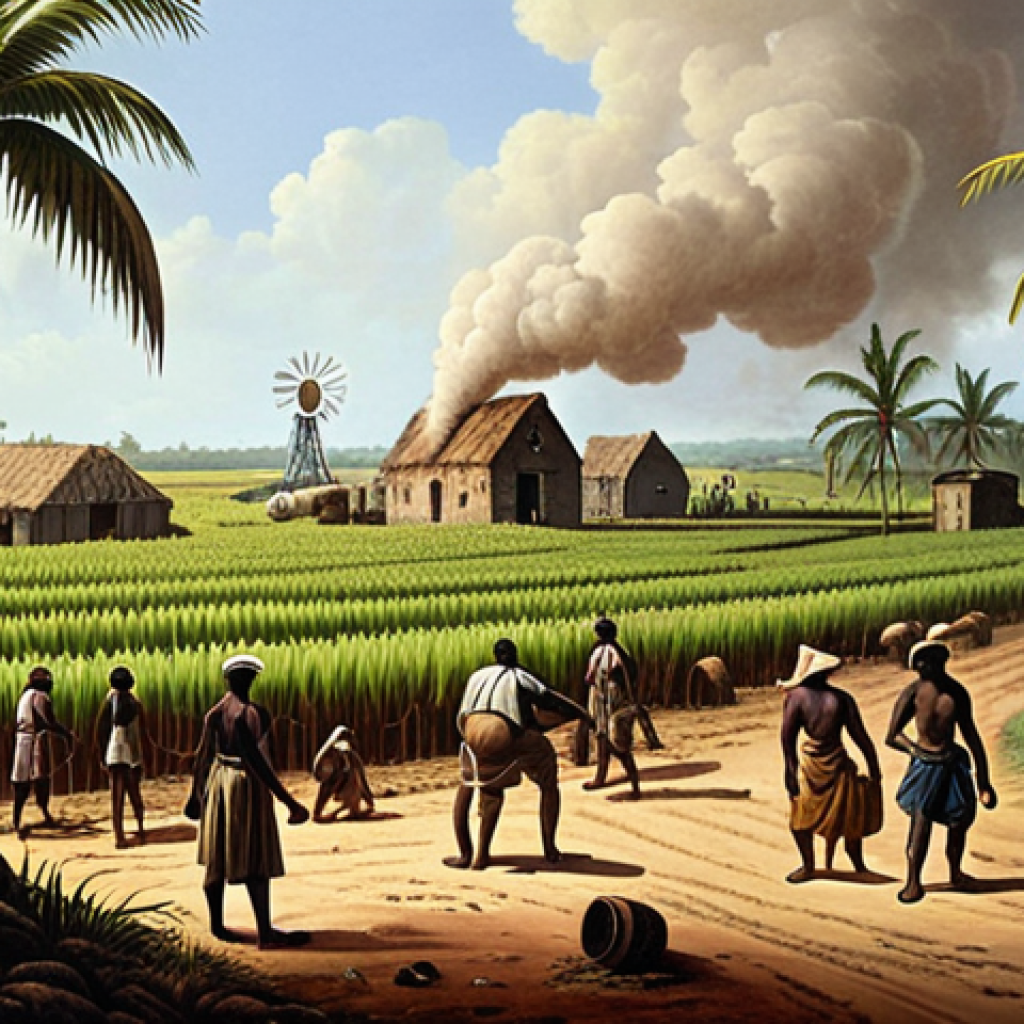 **A bustling 17th-century Barbados sugar plantation**: Show enslaved Africans working under the watchful eyes of British overseers. Sugarcane fields stretch into the distance, with a windmill and boiling house visible. The scene depicts the harsh conditions and intense labor of the sugar industry.