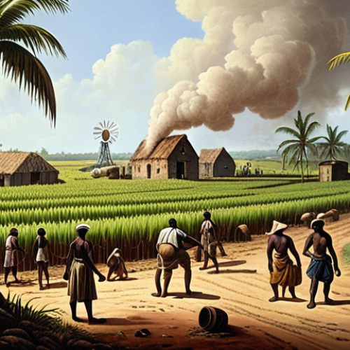 **A bustling 17th-century Barbados sugar plantation**: Show enslaved Africans working under the watchful eyes of British overseers. Sugarcane fields stretch into the distance, with a windmill and boiling house visible. The scene depicts the harsh conditions and intense labor of the sugar industry.