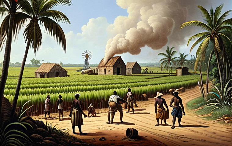 **A bustling 17th-century Barbados sugar plantation**: Show enslaved Africans working under the watchful eyes of British overseers. Sugarcane fields stretch into the distance, with a windmill and boiling house visible. The scene depicts the harsh conditions and intense labor of the sugar industry.