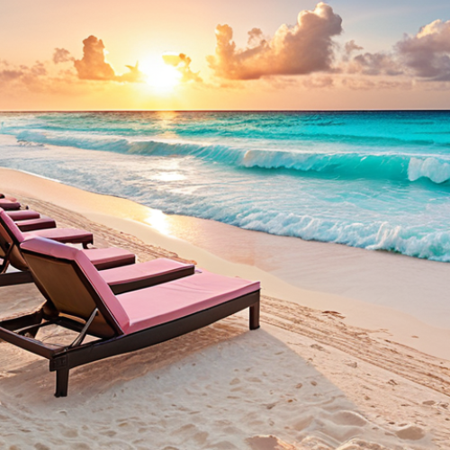 A breathtaking wide shot of Crane Beach, Barbados, at sunrise. The iconic, pale pink sand glistens under the soft golden light, meeting crystal-clear turquoise waters with gentle, rolling waves. A few elegant beach lounge chairs and sun umbrellas are visible, evoking a sense of luxurious tranquility amidst natural beauty.